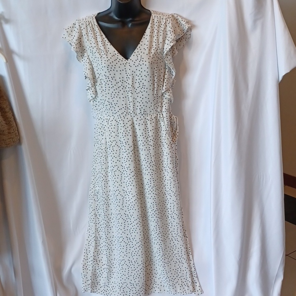She + Sky Black & Cream polka dot Jumper, flutter sleeves, belted, open back